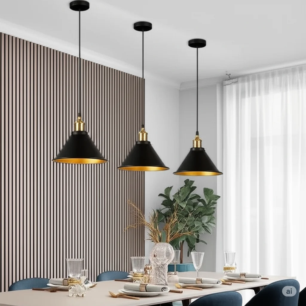 Three vintage metal adjustable height pendant lights with E27 sockets hanging against a white background