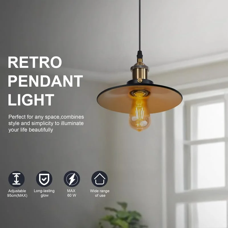 Three adjustable metal shade pendant lights with vintage industrial design hanging against a white background