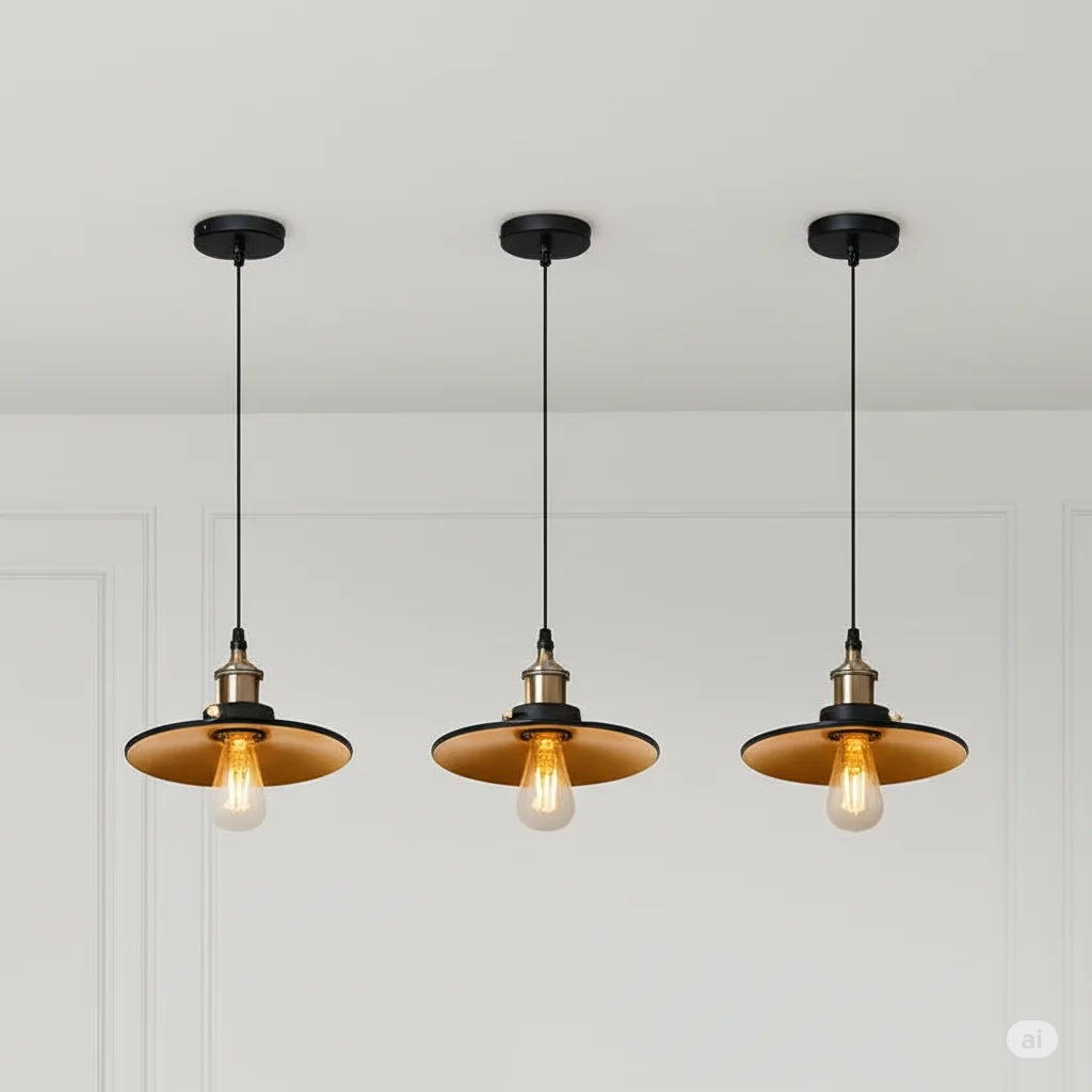 Three vintage metal shade E27 bulb pendant lights with adjustable cables hanging in a row against white background