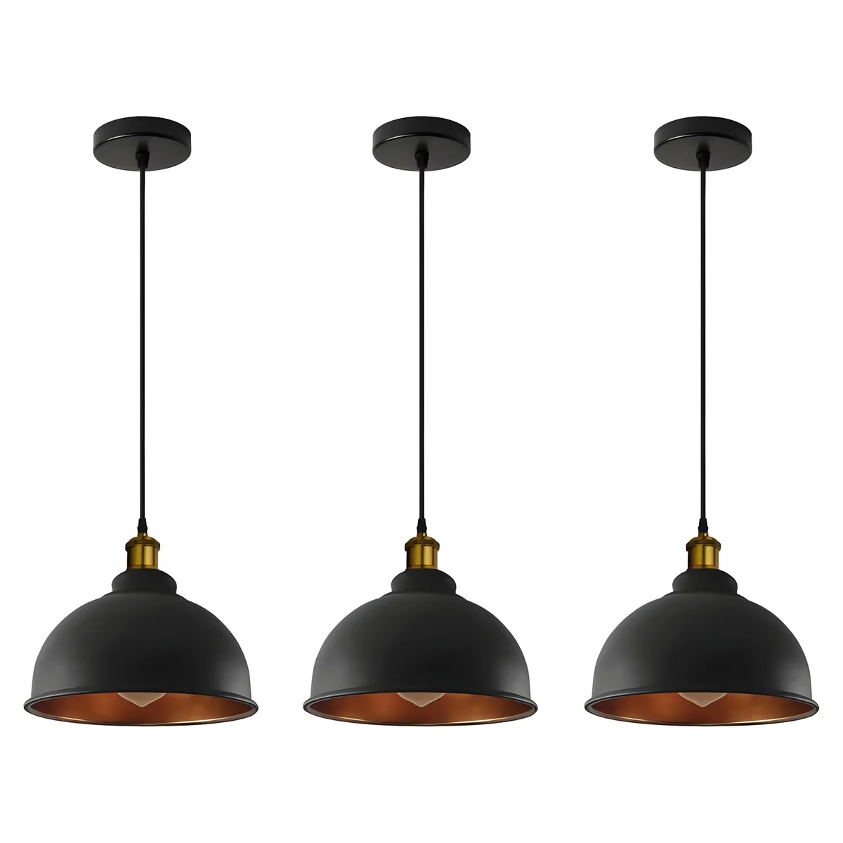 Three vintage industrial pendant lights with metal shades hanging from adjustable cables against a white background