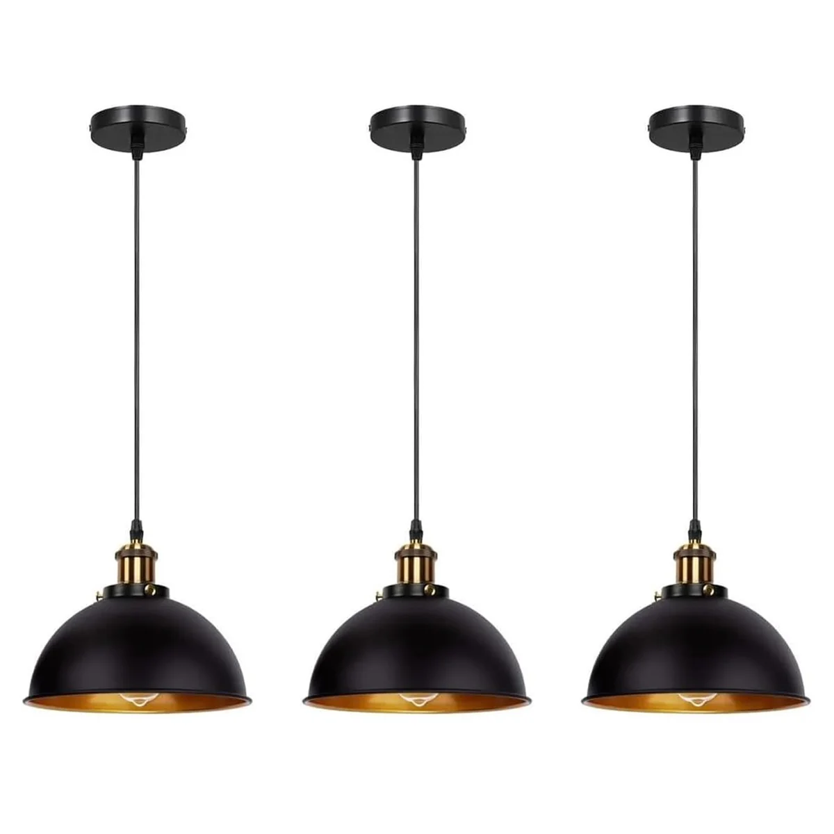 Three vintage metal industrial pendant lights with adjustable cables hanging against a white background