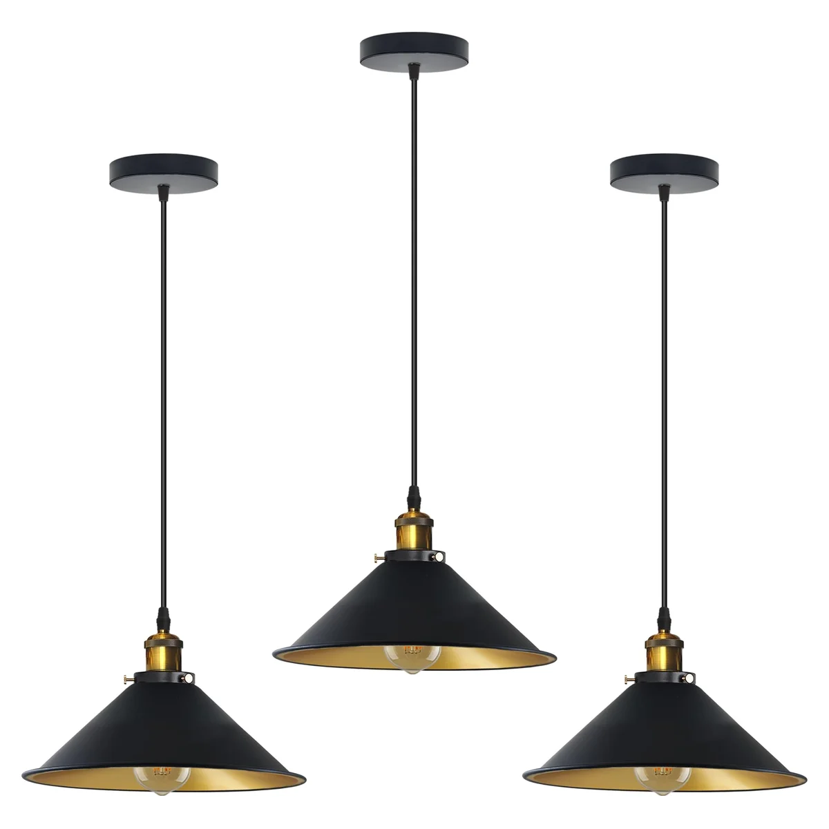 Three vintage industrial pendant lights with metal shades hanging from adjustable cables against a white background