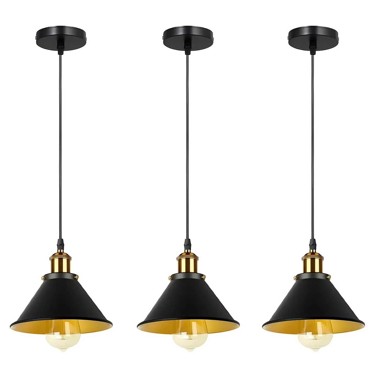 Three vintage industrial pendant lights with metal shades hanging from adjustable PVC cables against a white background