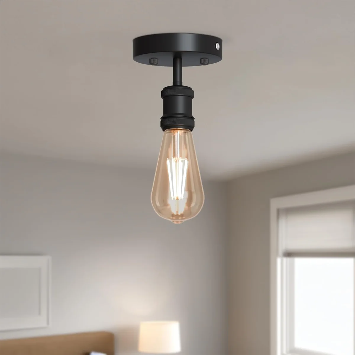 Vintage ceiling light with metal holder and E27 bulb base, flush mount design for indoor use, warm soft glow
