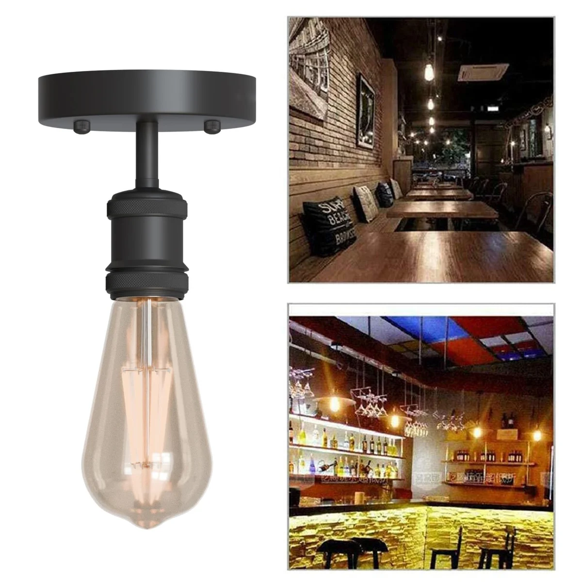 Vintage metal E27 bulb ceiling light flush mount with warm glow, suitable for living room and bedroom ceilings