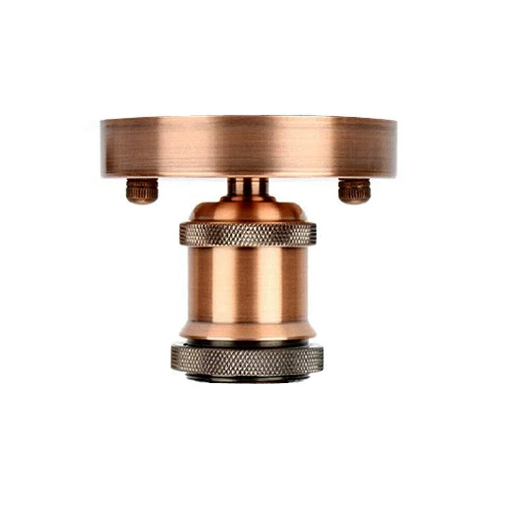 Vintage ceiling light with metal holder and E27 bulb base, mounted flush on ceiling, emitting soft warm glow