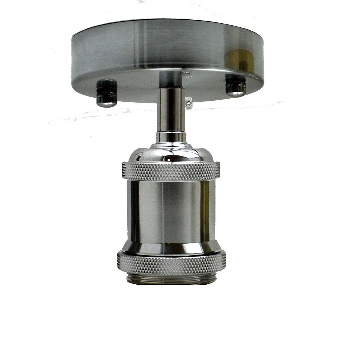Vintage ceiling light with metal holder and E27 bulb base mounted flush on white ceiling indoors