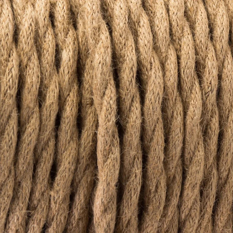 Coiled 2 core vintage lighting cable with twisted hemp cloth covering in natural brown, suitable for indoor lighting projects