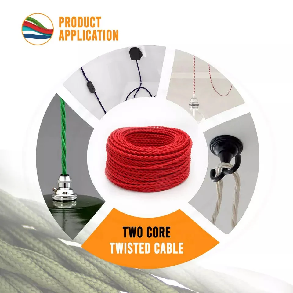 Coiled hemp cloth covered cable in vintage twisted style, showing fabric texture and rustic brown colour