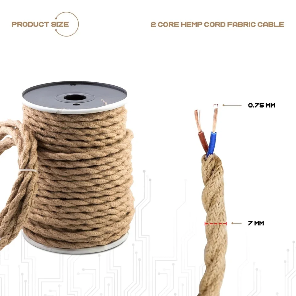 Coiled vintage twisted hemp cloth covered decorative lighting cord in natural brown, showcasing fabric texture and flexibility