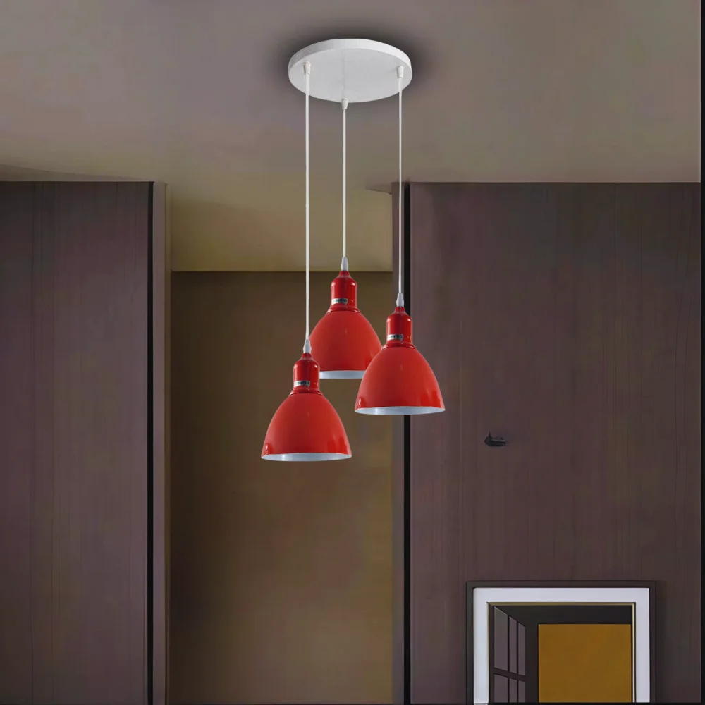 Modern red ceiling pendant light with three metal and PVC shades, adjustable cables, and E27 lamp holders