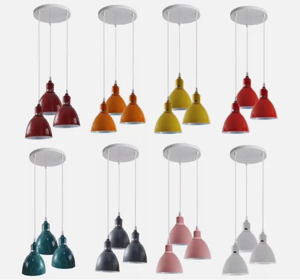 Modern red 3 shade pendant light with metal and PVC shades, adjustable cables, and E27 lamp holders for indoor ceiling use