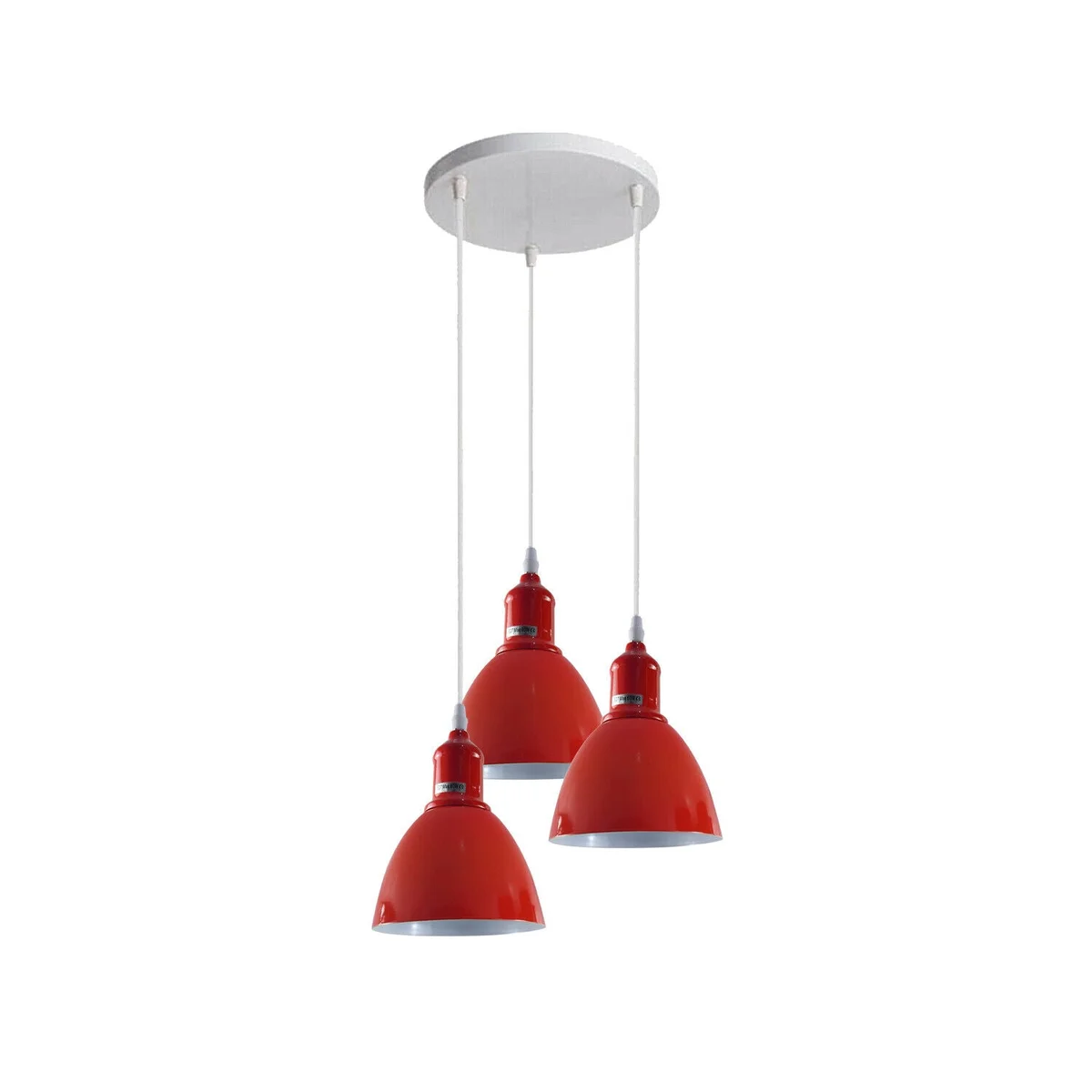 Red dimmable pendant lamp with three metal and PVC shades, adjustable cables, and E27 bulb holders hanging from ceiling base