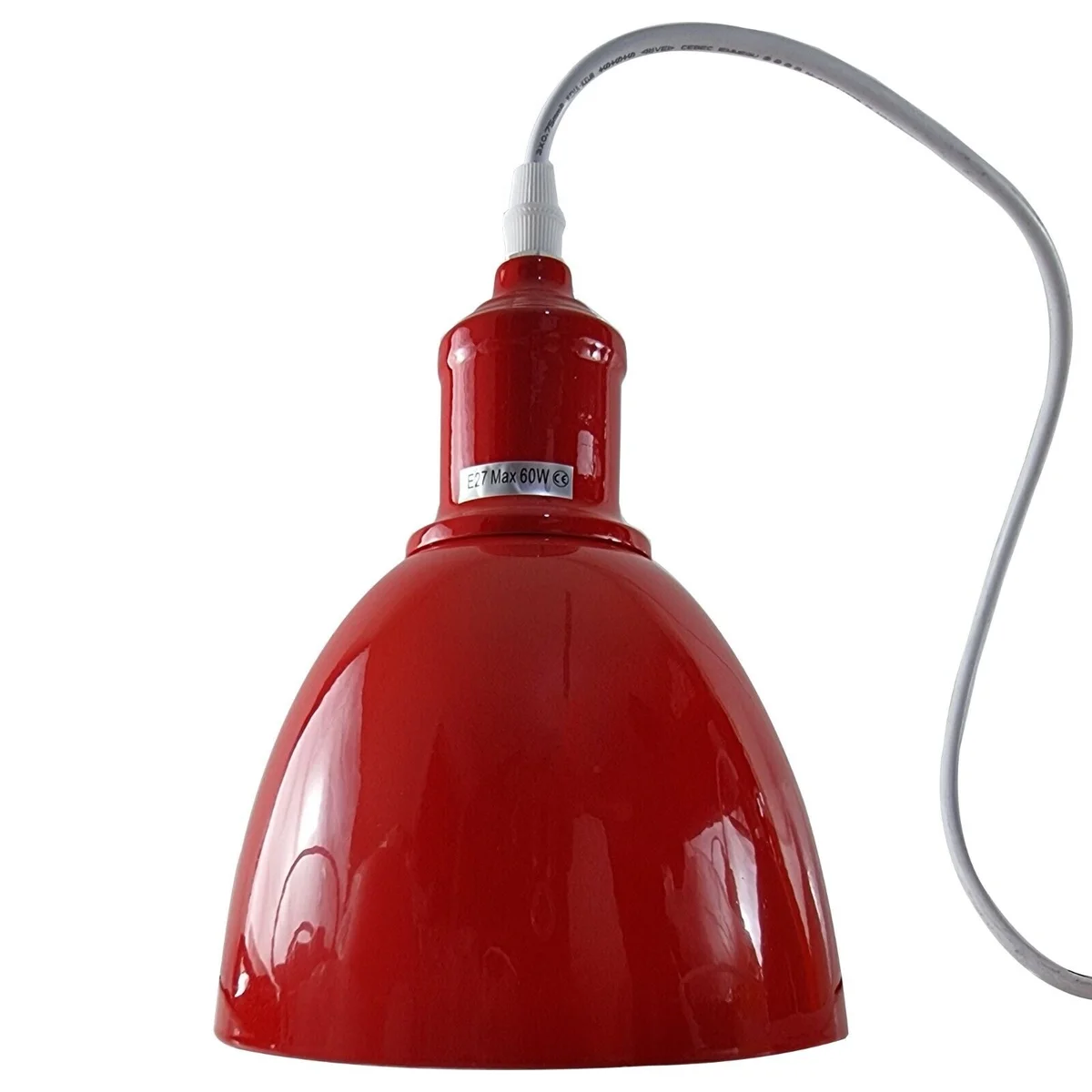 Red ceiling pendant light with three metal and PVC shades hanging from adjustable cables on a white background