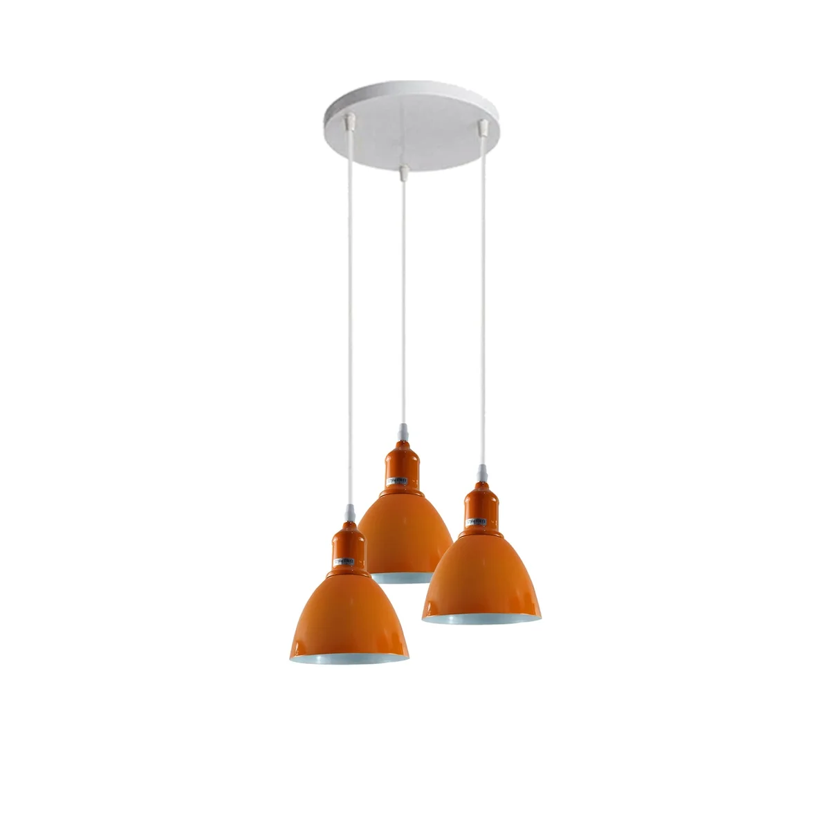 Red ceiling pendant light with three metal and PVC shades hanging from adjustable cables against a white background