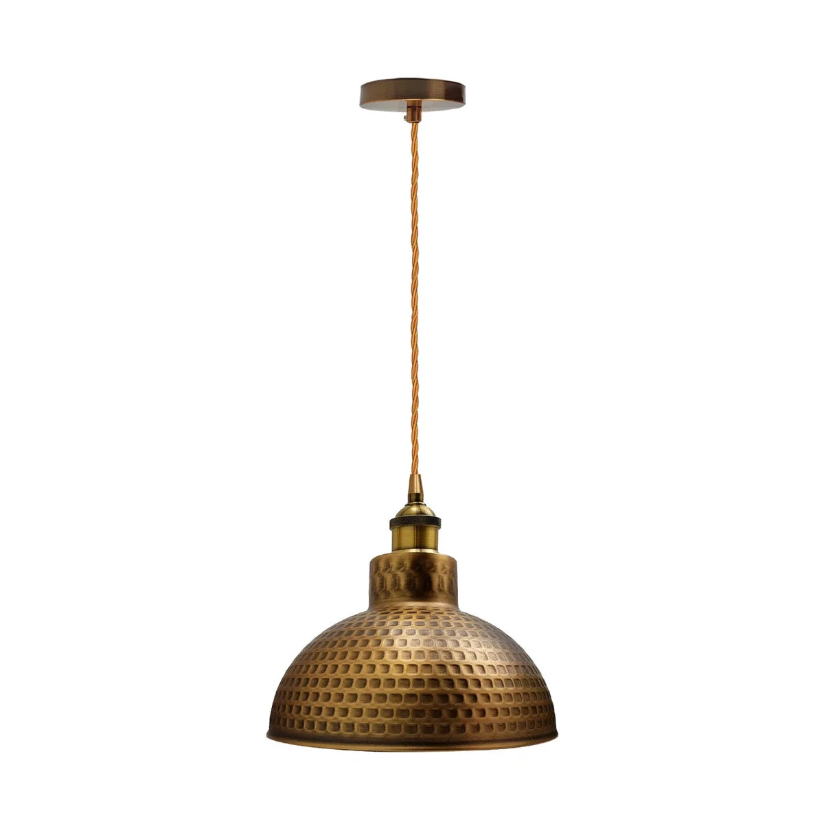 Vintage brass pendant light with hammered dome shade, warm glow, and adjustable drop length, ideal for industrial decor