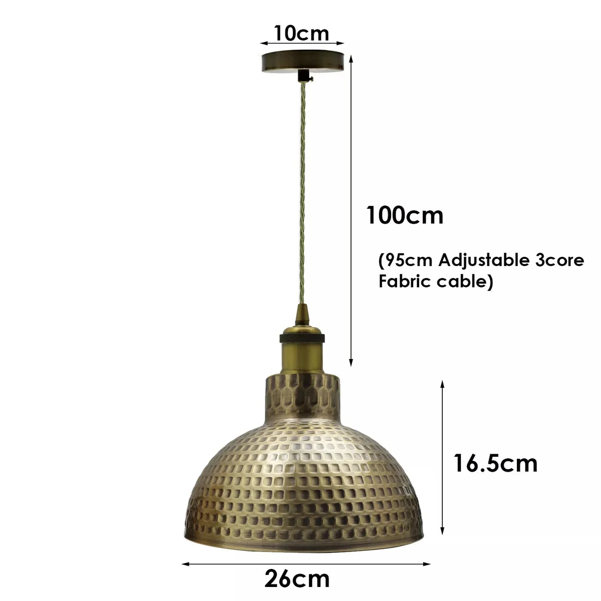 Vintage brass dome industrial ceiling lamp with hammered metal shade and adjustable drop length against white background