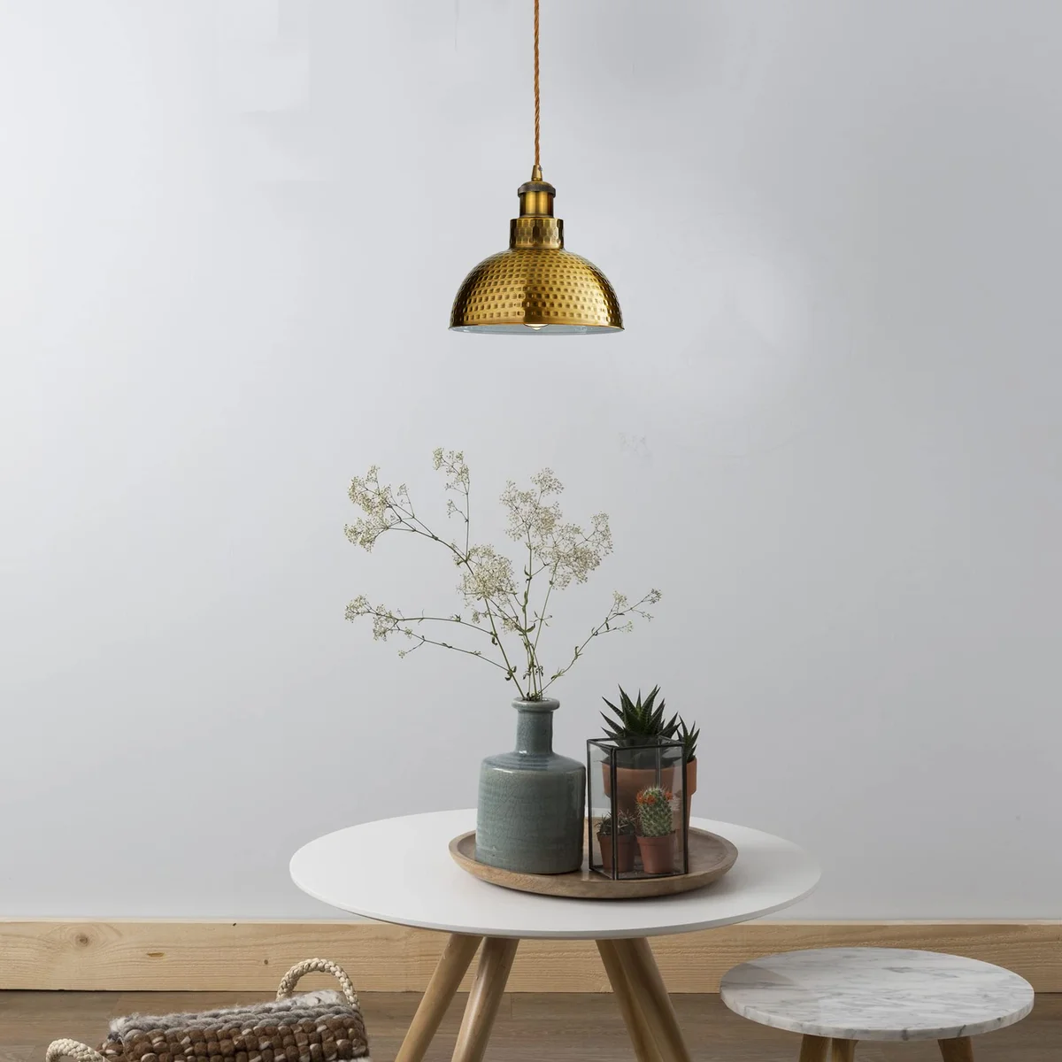 Vintage brass dome pendant light with hammered metal shade and E27 bulb holder pendant, adjustable drop length shown