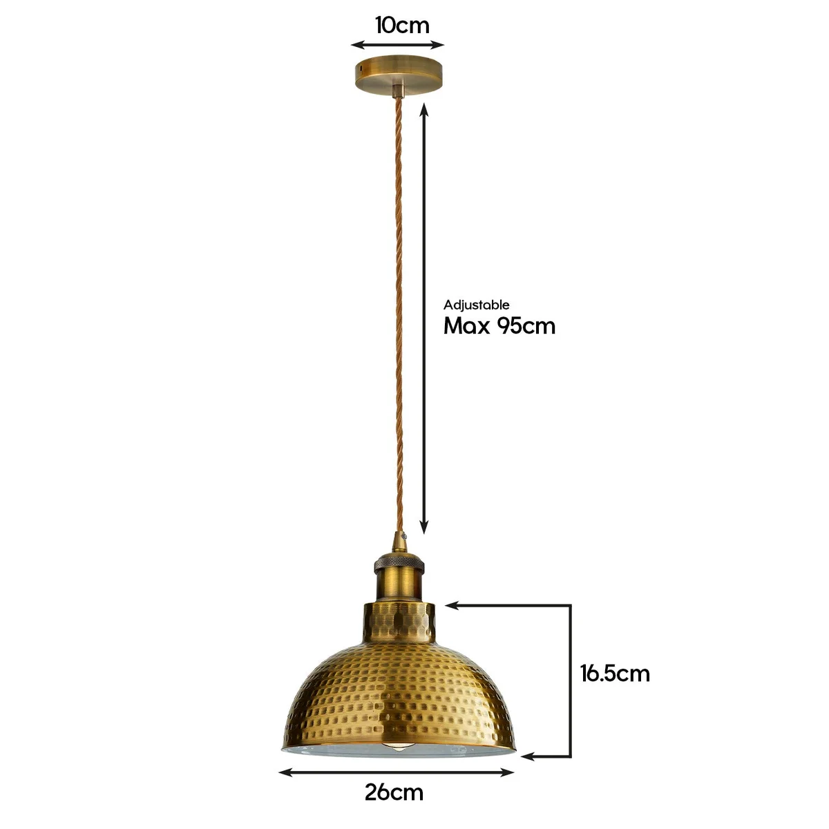 Vintage brass pendant light with hammered dome shade, adjustable drop, and warm industrial style for ceiling mounting