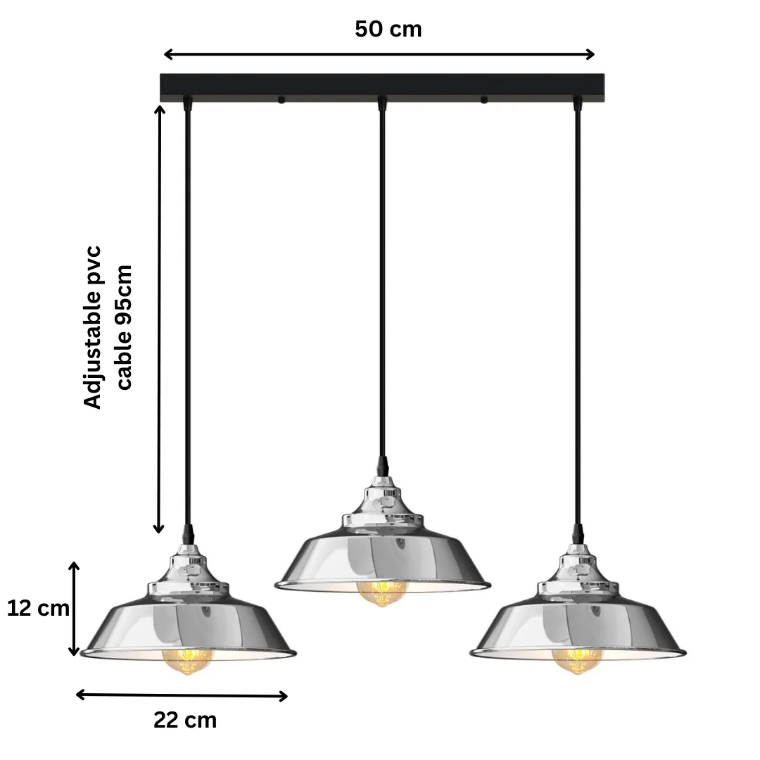 Three bulb vintage industrial pendant light with metal shades and 95cm cables in black finish hanging from ceiling