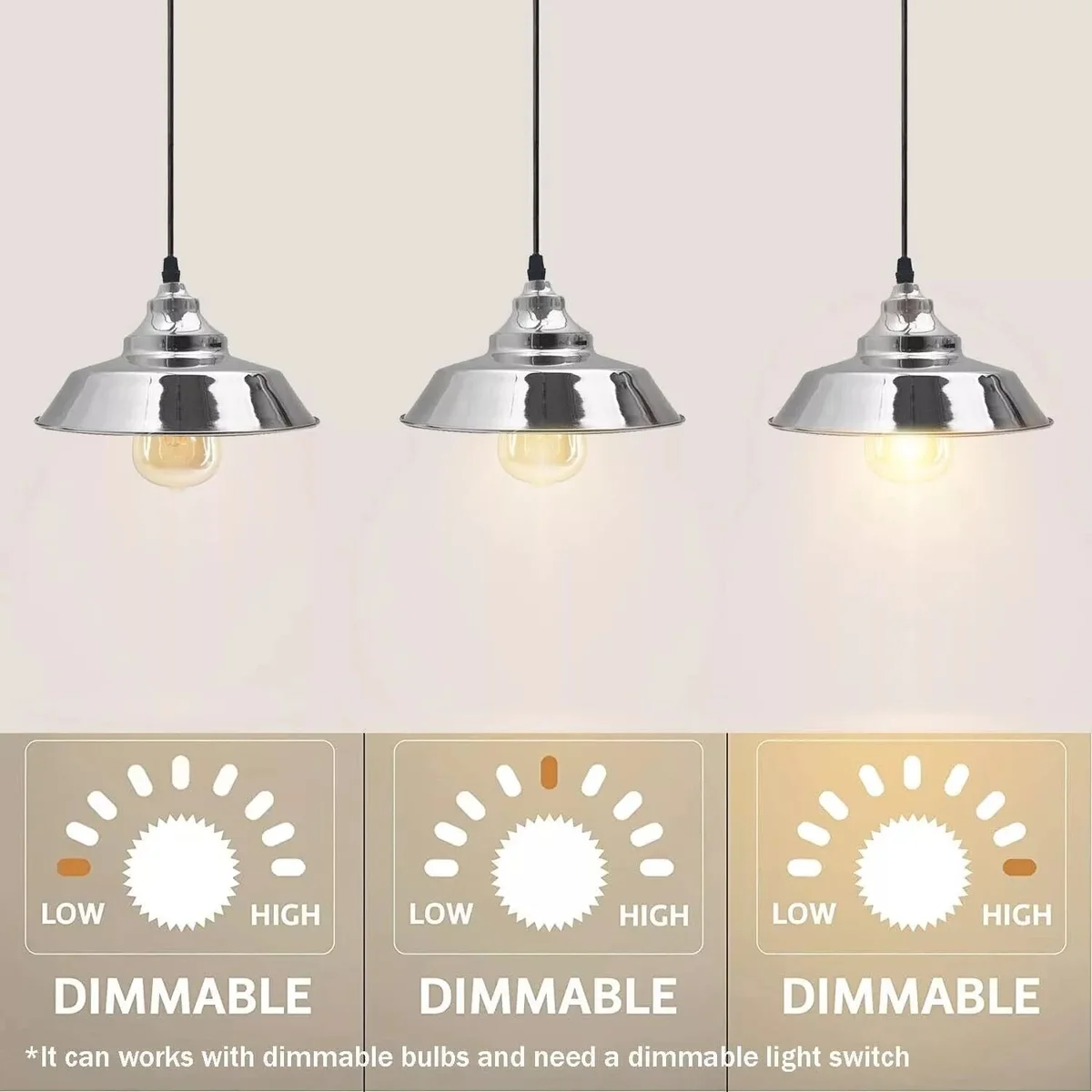 Vintage style metal cluster ceiling light with three black metal shades hanging from a round ceiling plate