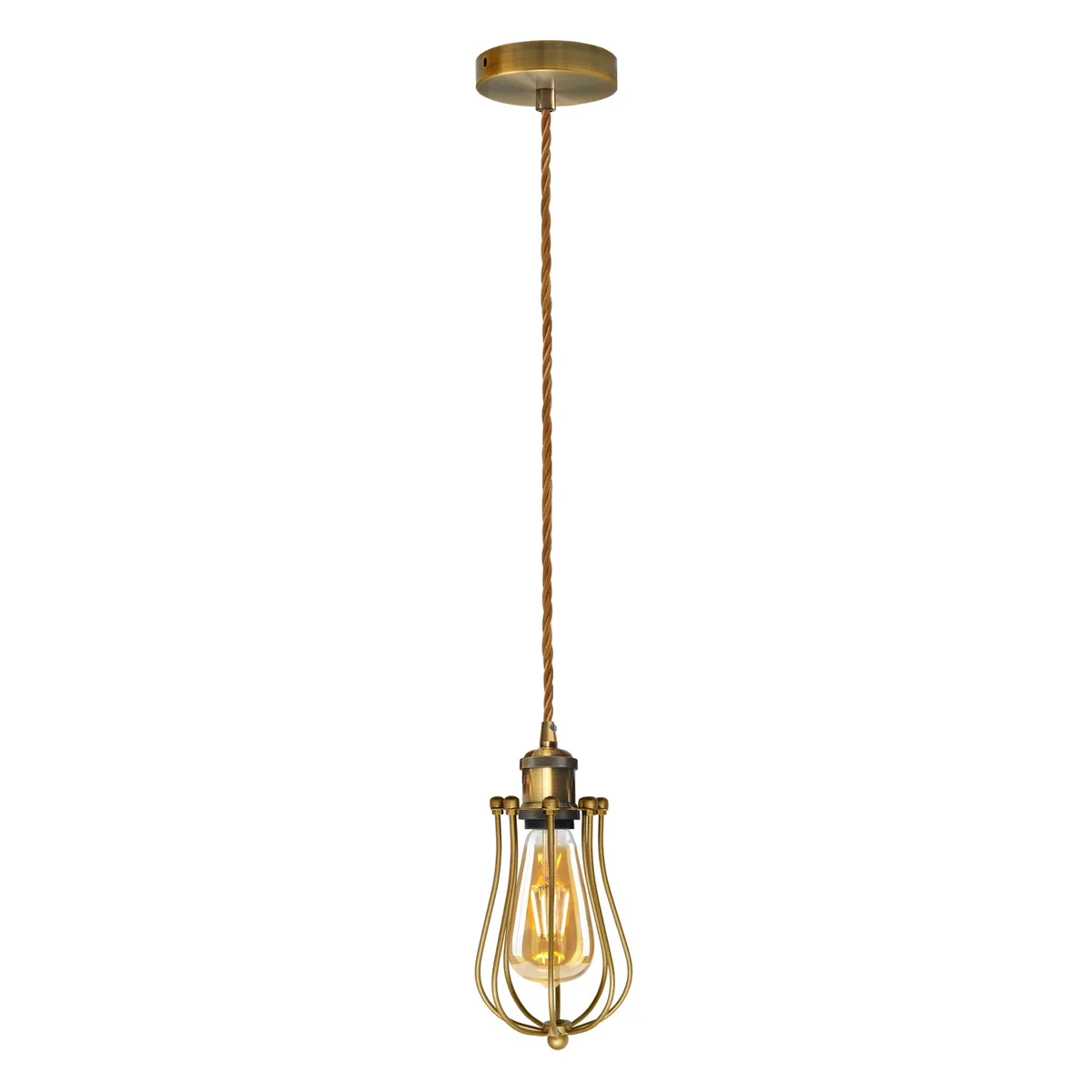 Industrial pendant light with antique yellow brass balloon wire cage and adjustable gold cord hanging from ceiling rose