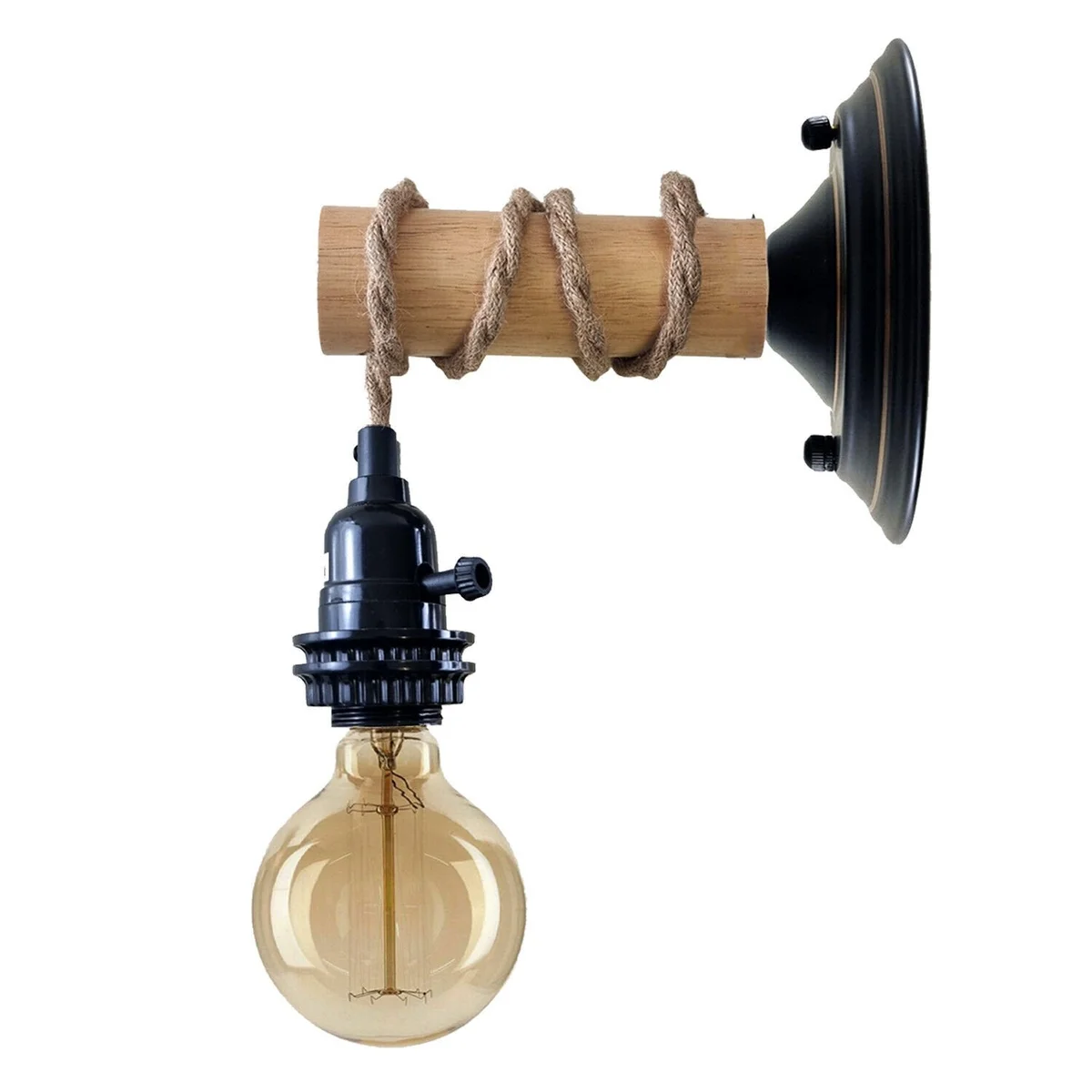 Industrial wall light with metal and wood frame, natural finish, downward glow, E27 socket.