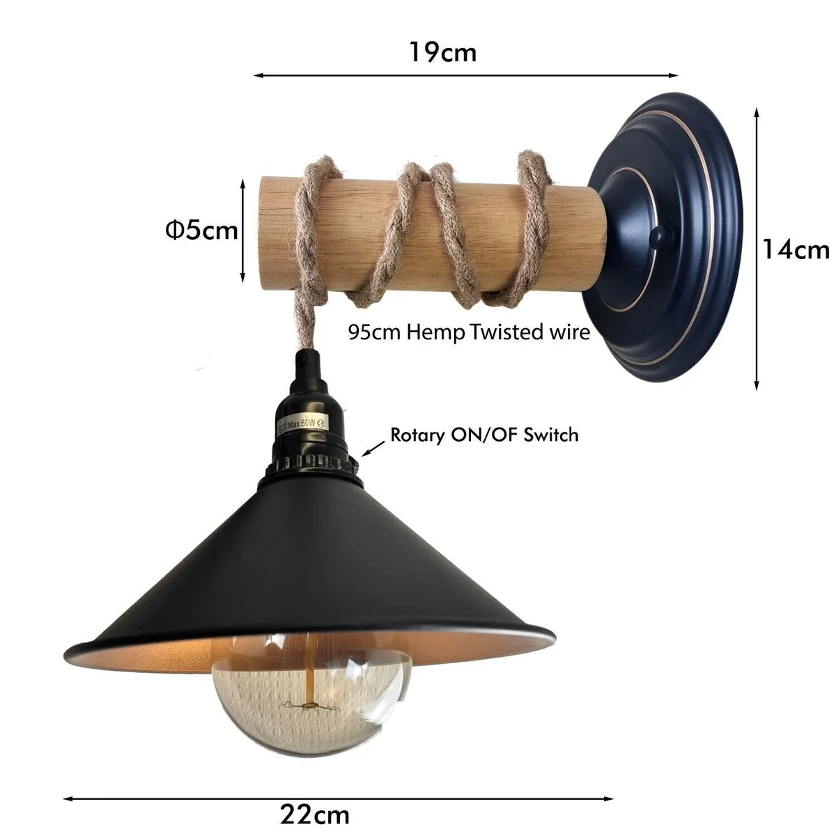 metal wood wall lamp with rustic industrial design, mounted on wall, emitting warm light.