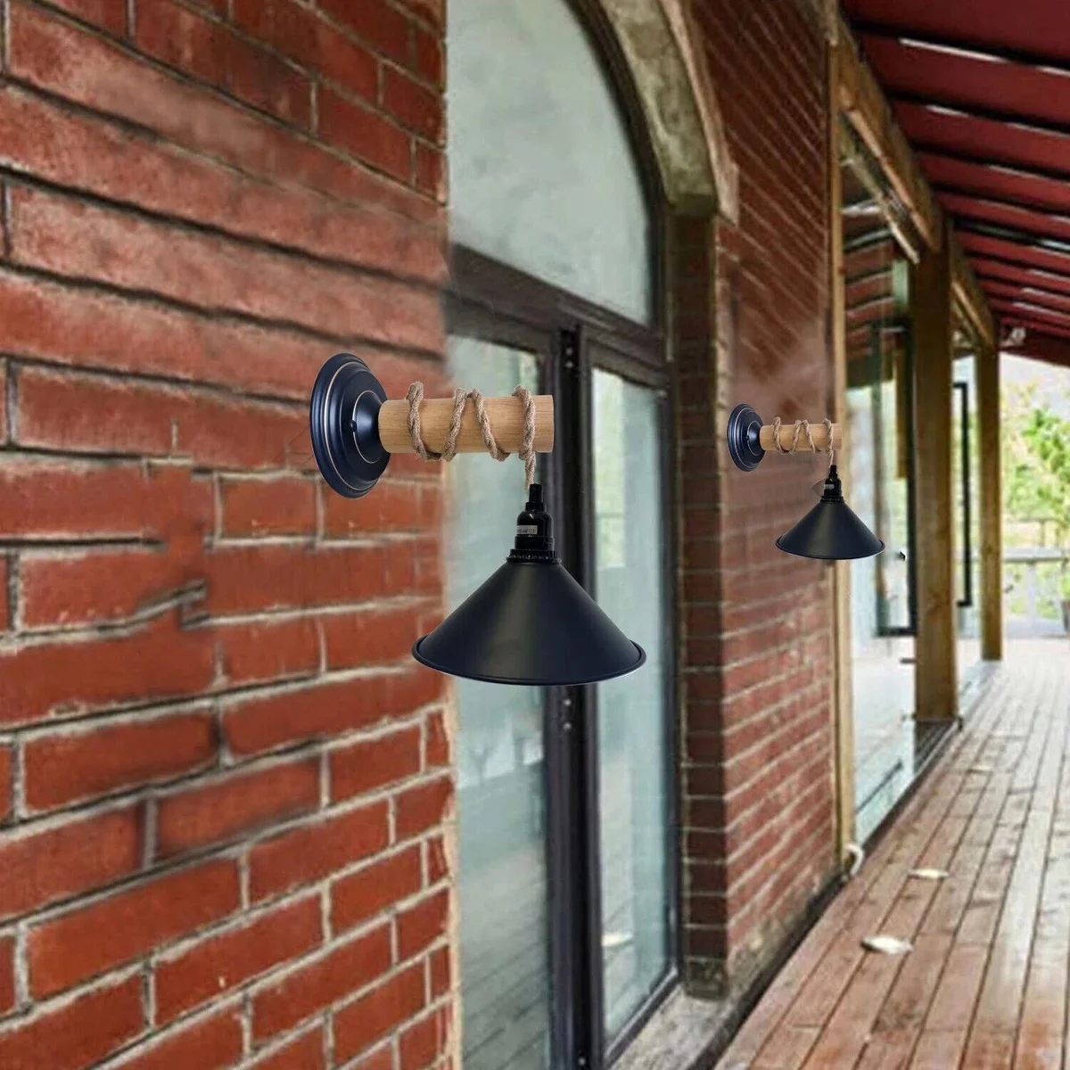 Retro wall lamp with metal and wood frame, natural finish, E27 base, warm glow.