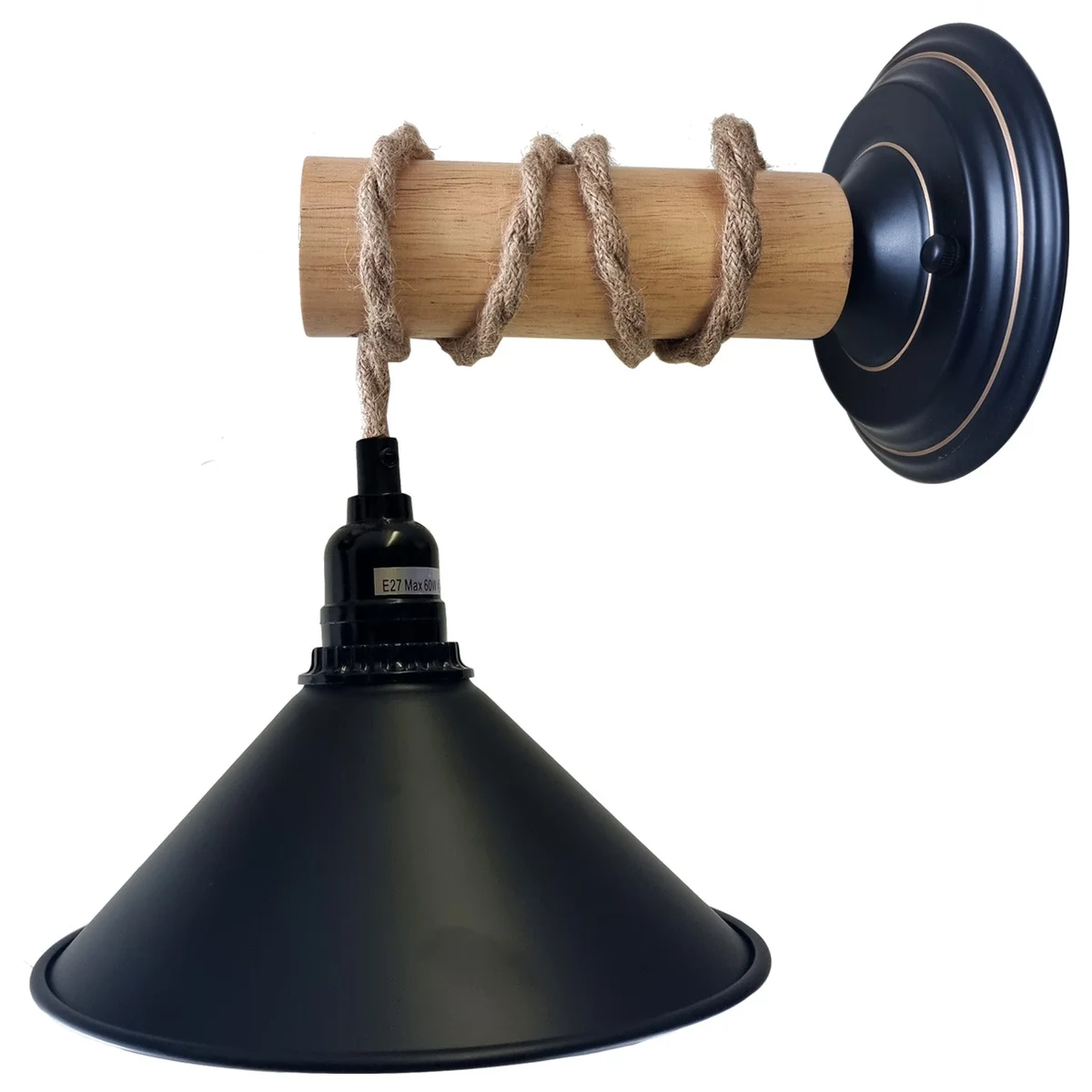E27 wall light featuring metal frame and wooden accents, hanging on a wall with a warm glow.