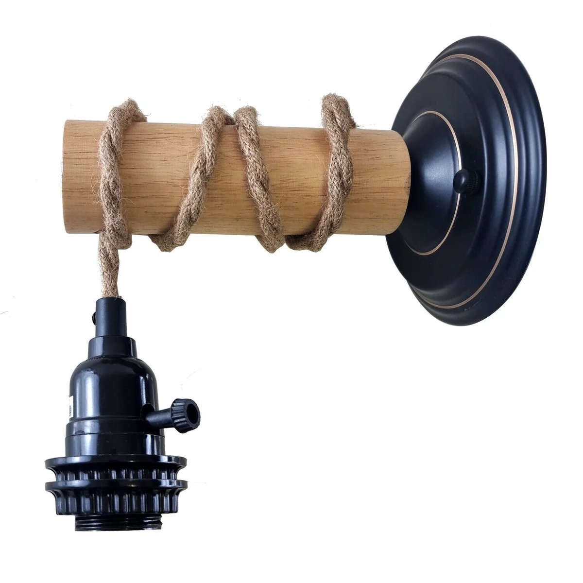 Rustic metal and wood wall sconce with downward illumination, industrial retro style, mounted on wall.