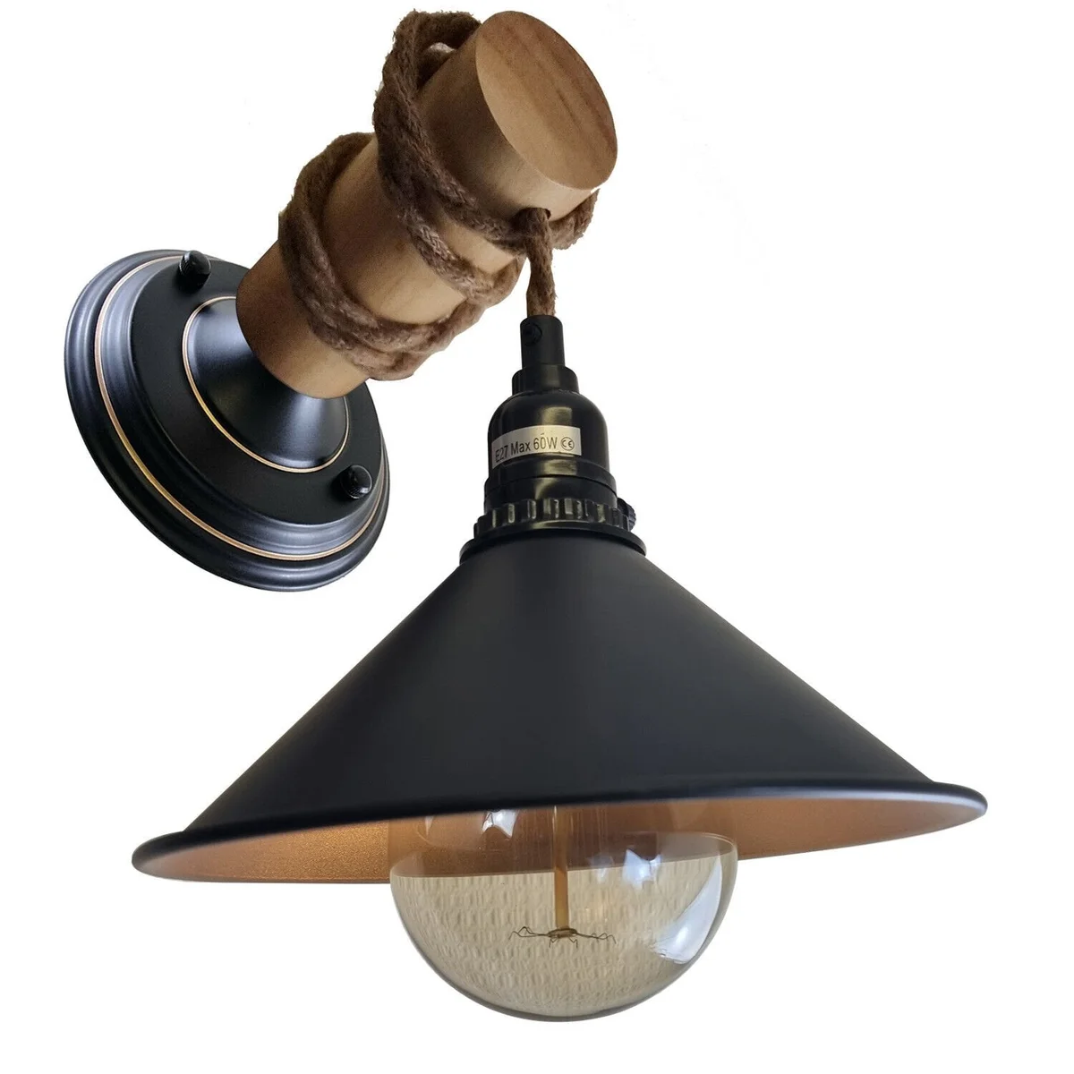 Industrial rustic wall lamp with metal and wood frame, natural finish, mounted, an energy efficient wall light