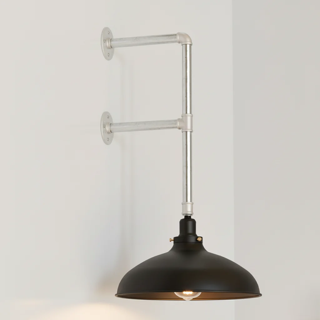 Industrial pipe wall lamp with dual flange mount, galvanized metal pipes and large matte black dome shade, modern industrial style