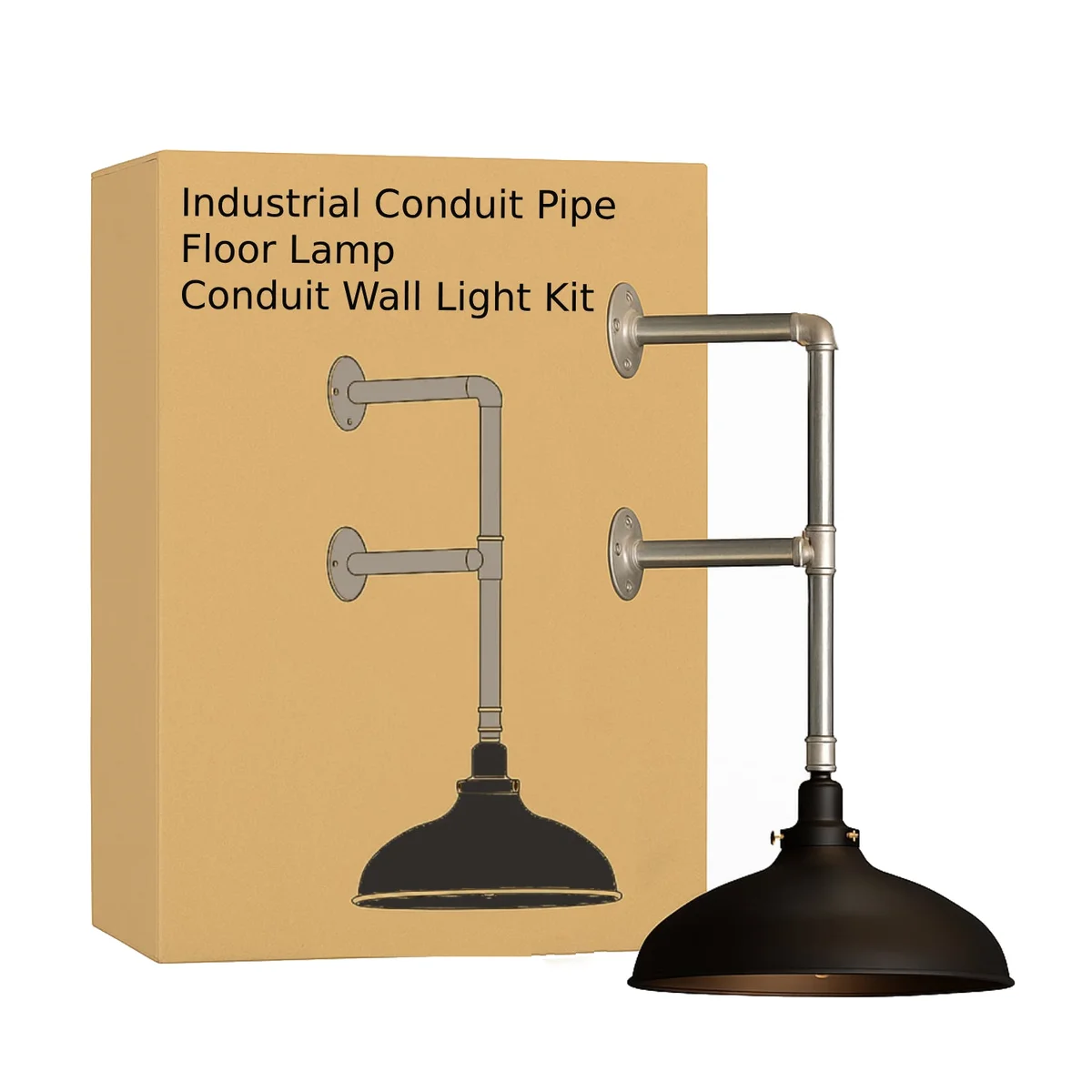 Metal conduit wall light with galvanized pipe design and matte black dome shade mounted on a white wall