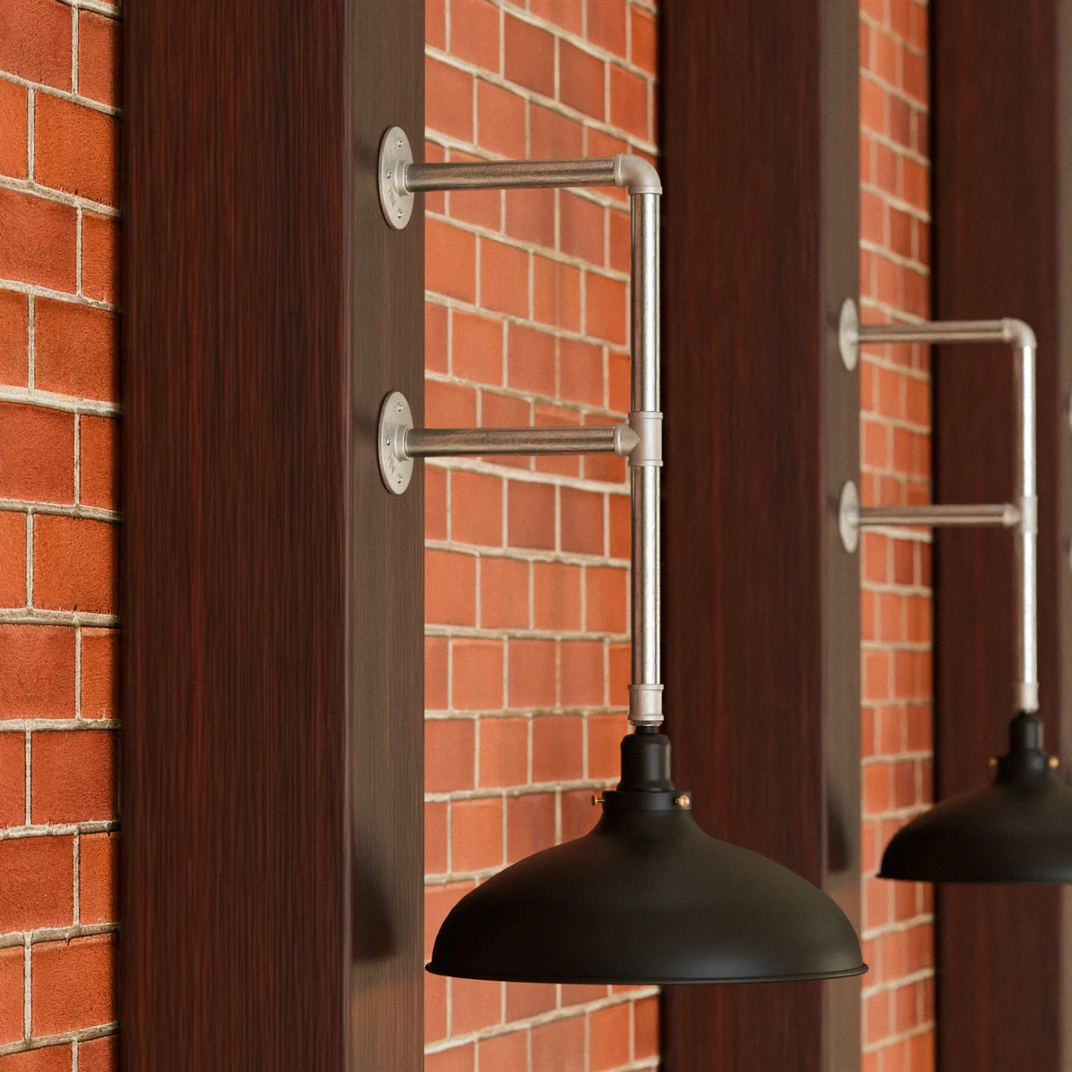 Industrial pipe floor lamp with matte black dome shade and E27 bulb wall light mounted on galvanized metal pipes