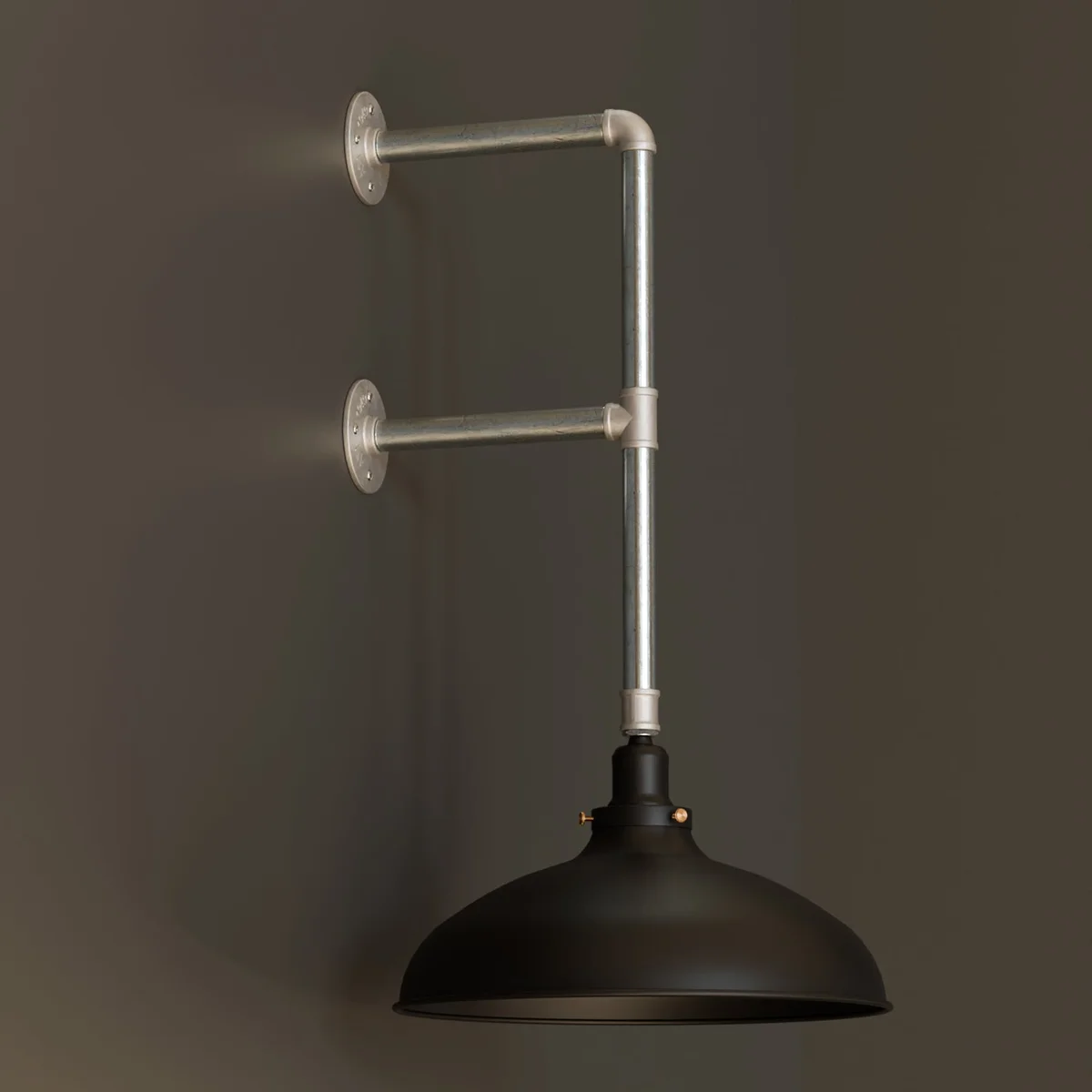 Industrial pipe wall lamp with dual flange mount, galvanized metal pipes, and matte black 36cm dome shade on white wall