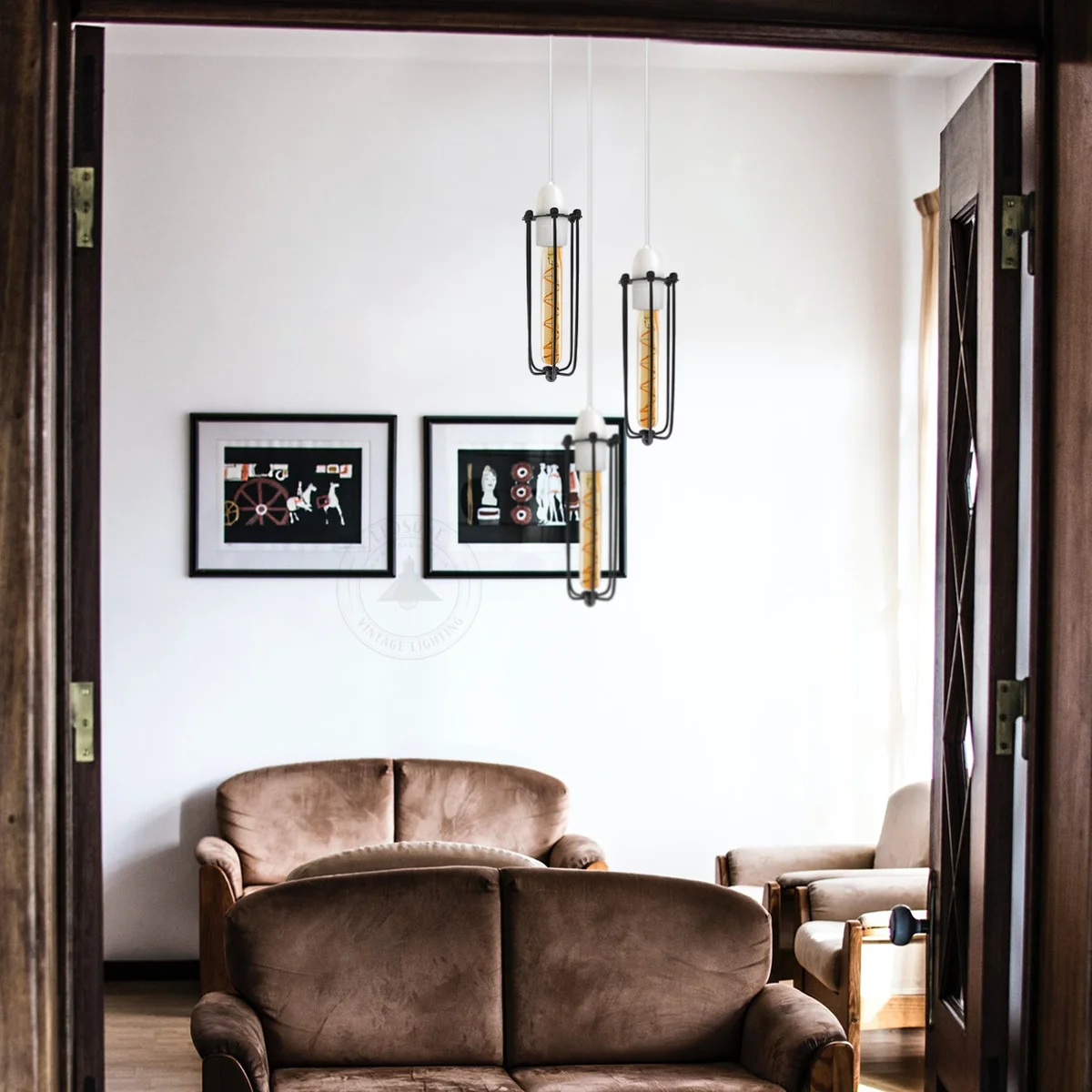 Black indoor metal cage lamp with slim cylindrical vintage industrial design, rust-resistant iron, ceiling pendant style