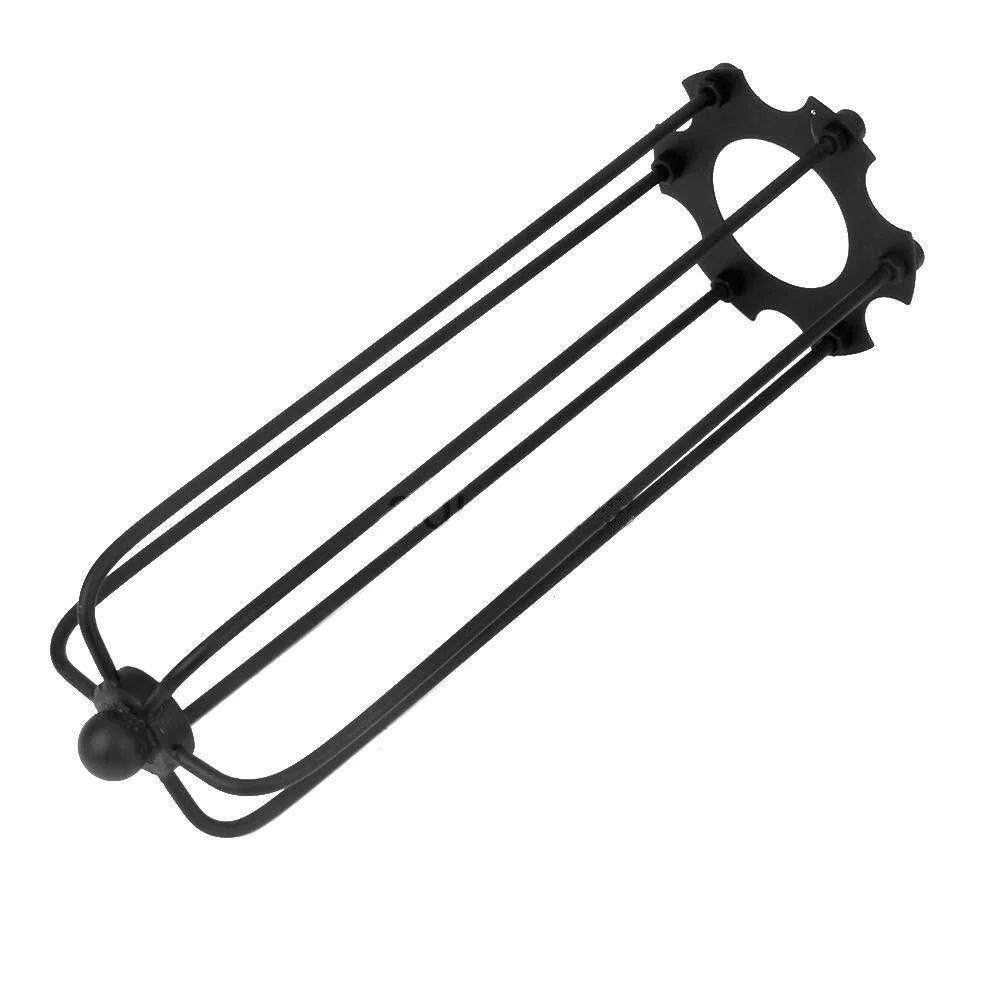 Black industrial wire cage pendant lamp with slim cylindrical design and rustic vintage metal construction hanging indoors