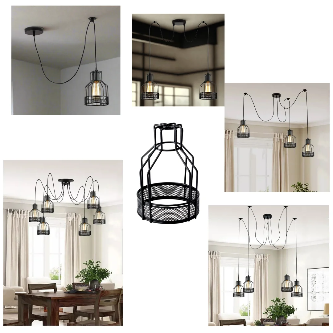 Black adjustable spider pendant light with five metal cage arms and exposed Edison bulbs hanging from ceiling mount