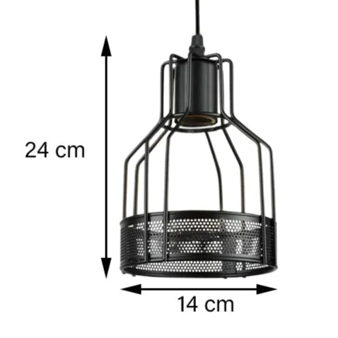 Adjustable black metal cage ceiling light with five arms and exposed Edison bulbs hanging from ceiling mount
