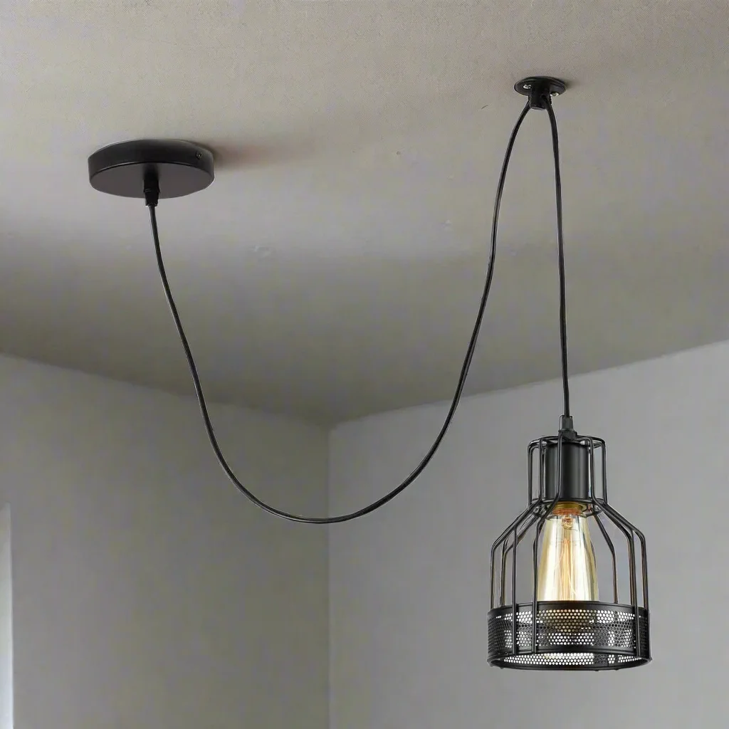 Adjustable black industrial spider pendant light with multiple arms and exposed E27 bulb pendant light in metal cages