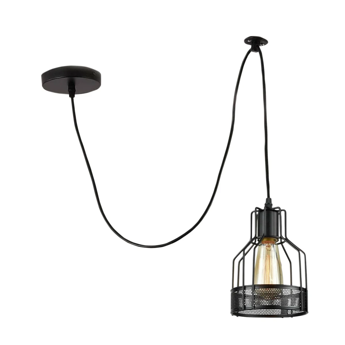 Adjustable spider pendant light with five black metal cage arms and exposed Edison bulbs, shown installed on ceiling