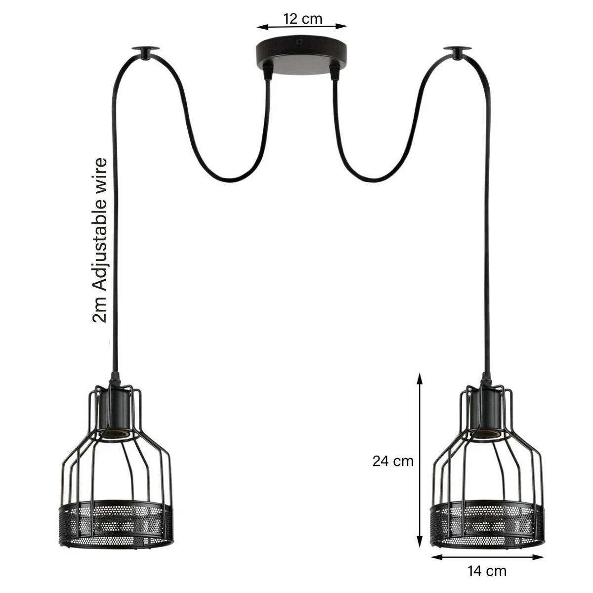 Adjustable spider pendant light with five black metal cage arms and exposed Edison bulbs hanging from ceiling mount
