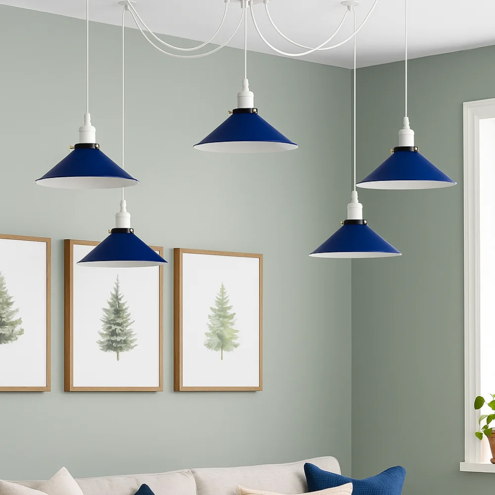 White and navy blue retro spider chandelier with metal cages and E27 bulb holders hanging from ceiling fixture
