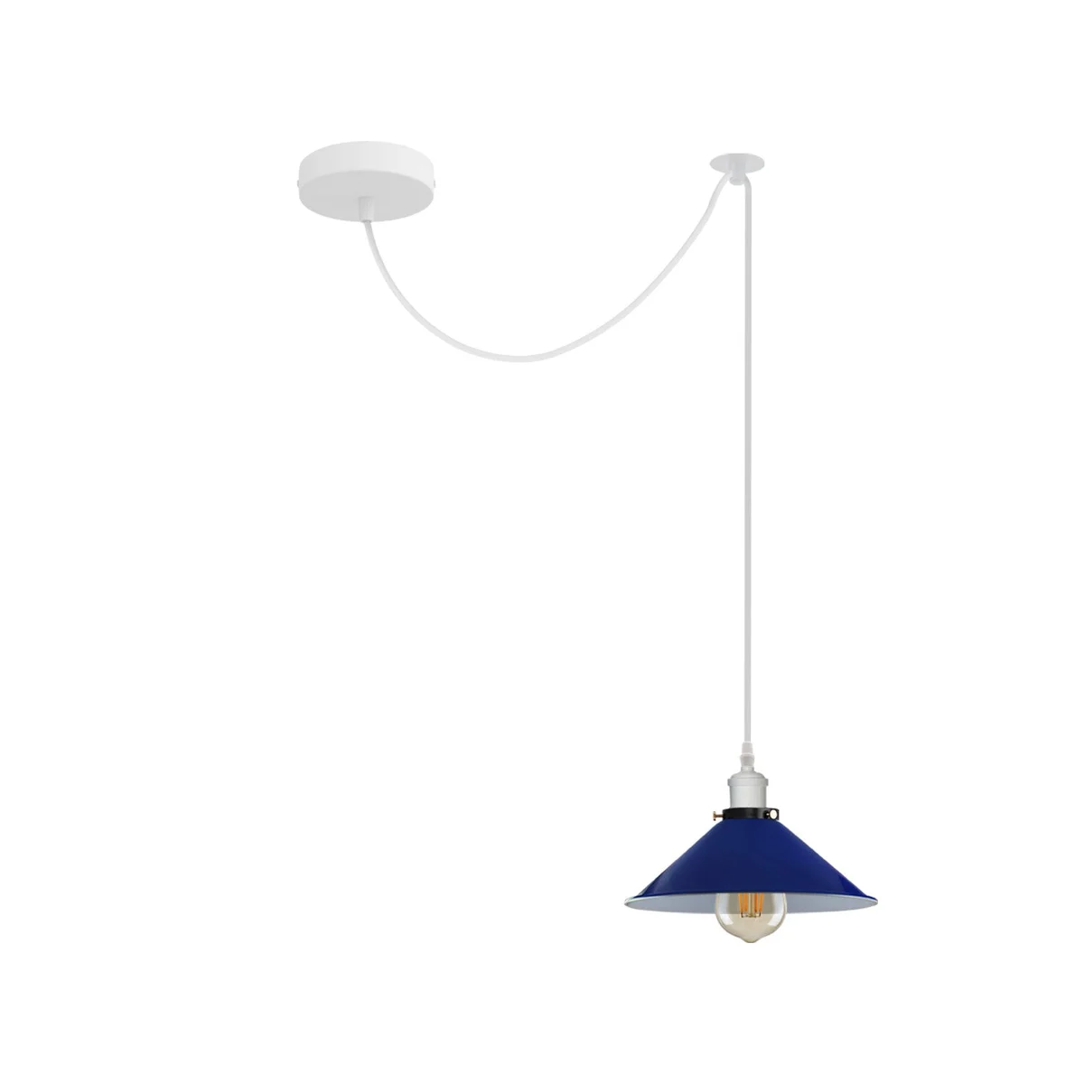 Modern multi pendant light with white and navy blue metal spider-style cages hanging from ceiling, E27 bulb holders visible