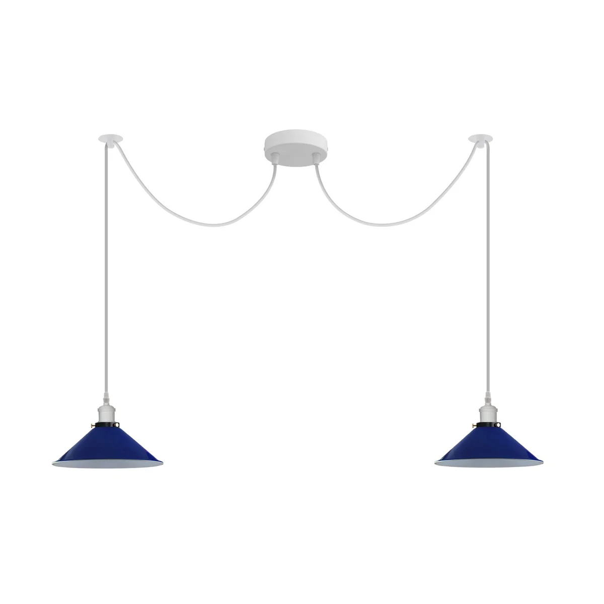 Retro spider chandelier with white and navy blue metal cages, E27 bulb holders, hanging from ceiling with 2m cables