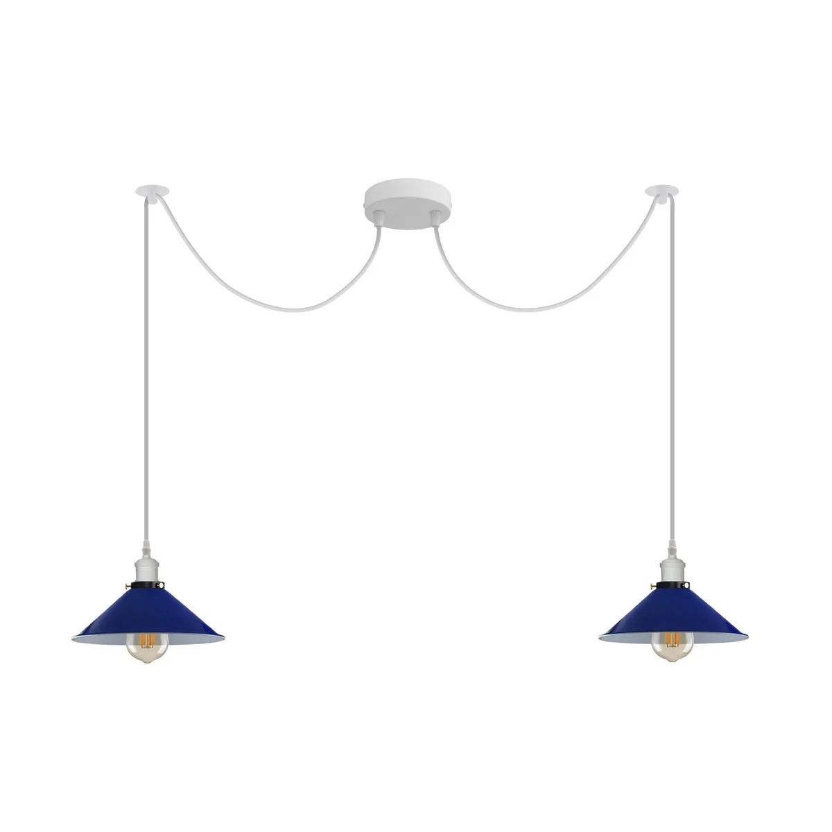 White and navy blue retro spider chandelier with multiple E27 bulb holders and metal cage design hanging from ceiling