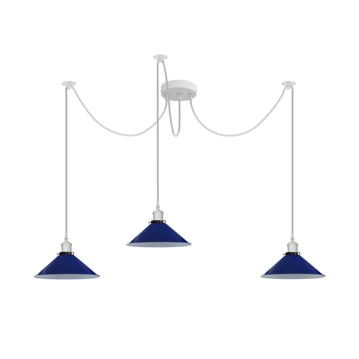 Retro spider chandelier with white and navy blue metal cage, E27 bulb holder, and 2m cable hanging from ceiling