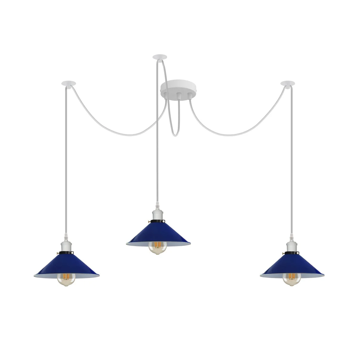 Retro spider chandelier with white and navy blue metal cages, E27 holders, and 2m cables hanging from ceiling