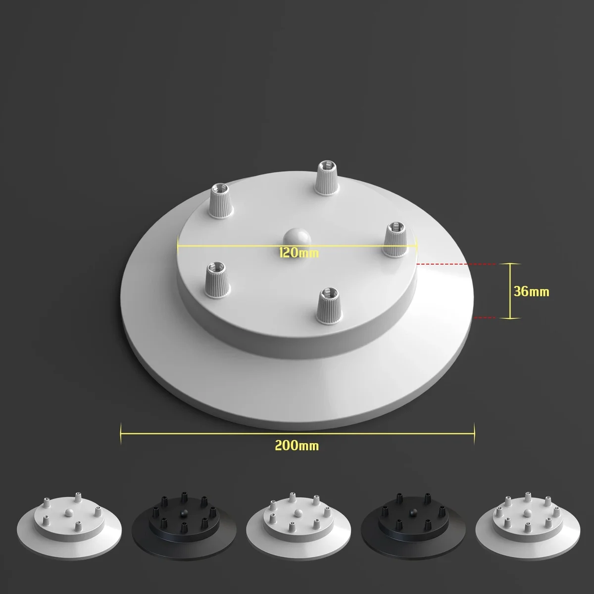 White multi point ceiling rose with metal round plate and cord grips, 200mm diameter, 36mm deep, simple vintage style